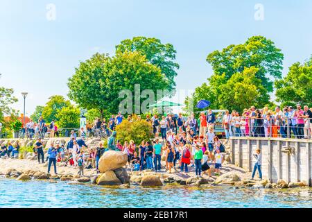 COPENHAGEN, DENMARK, AUGUST 21, 2016: People are admiring little mermaid statue in Copenhagen, Denmark. Stock Photo