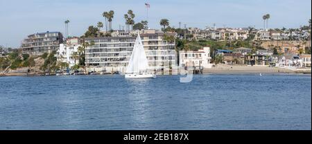 Sailing boat entering harbour at Newport Beach with waterside houses California USA Stock Photo