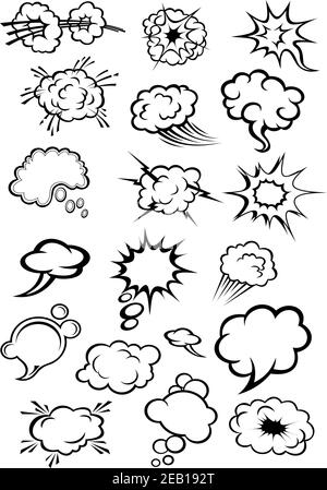 Cartoon speech bubbles and explosion clouds in comic style with motion trails and lightnings for comic book expression and dialog design Stock Vector