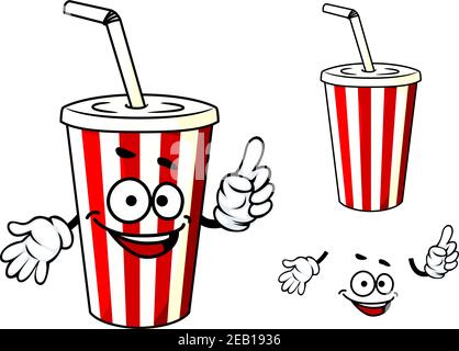 Cartoon red and white stripe soda or juice cup with happy face and hands Stock Vector