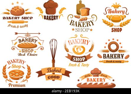 Large set of bakery labels or badges decorated with wheat, bread, tarts, croissant, baguette, pretzel, whisk, toque, and rolling pin with various text Stock Vector