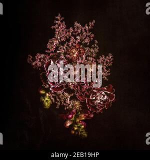 Beautiful Burgundy bouquet of Spring flowers on dark background Stock Photo