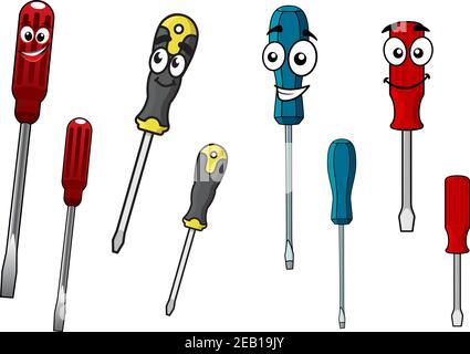 Colorful cartoon screwdrivers characters, one set with happy smiling faces and the other plain Stock Vector