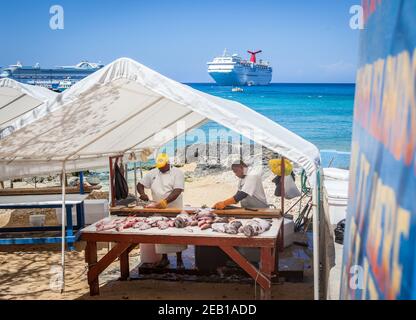 Man selling Fish At Fish Market , Cruise ship & Blue Caribbean Sea George Town, Cayman Islands. Red & White Snapper,  Street Market, Cruise Ship. Stock Photo