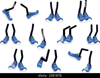 Cartoon Vector Walking Feet In Trainers Or Sneakers On Stick Legs In 