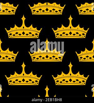 Vintage royal seamless pattern with golden crowns on black background Stock Vector