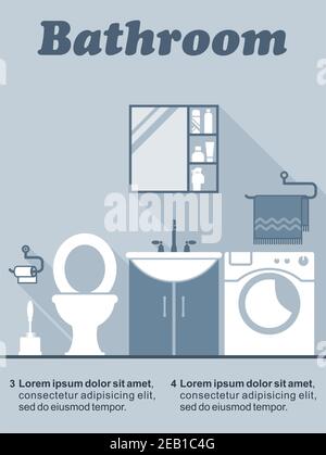 Bathroom flat interior decor and design infographic with editable text space showing a toilet, vanity unit, wall cabinet and washing machine in shades Stock Vector