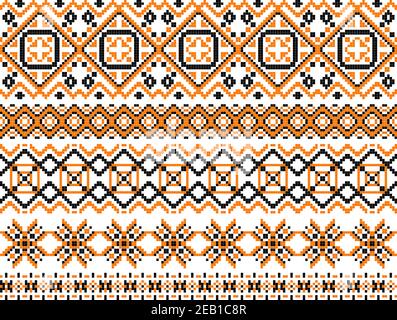 Geometric embroidery borders and frames set composed of patterns of squares and diamonds in a variety of widths and linear designs Stock Vector