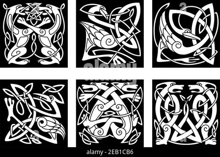 Set of stylish intricate stylized birds and animals in an intertwined form in white silhouettes on black in square format Stock Vector