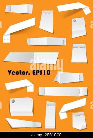 White paper notes and scraps attached with pins and stapler on background for memo, remind or remember concept. EPS10 format Stock Vector