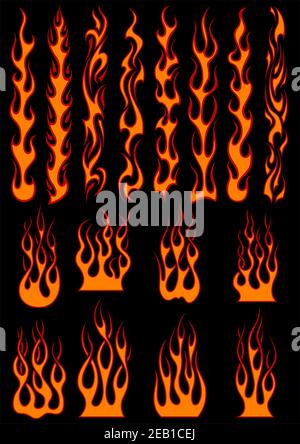Various fiery vector tribal flames in colorful orange on black including long trails suitable as depicting speed Stock Vector