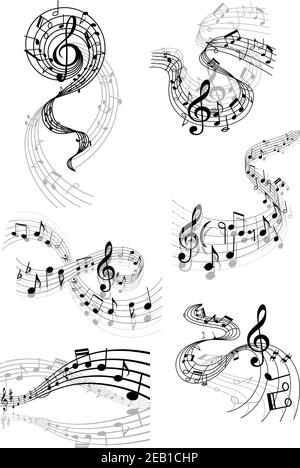 Music wave with notes. Musical swirling line. Isolated sound art vector ...