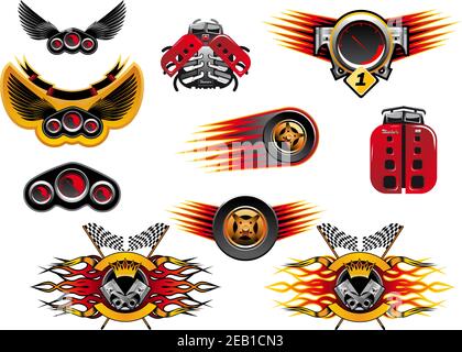 Colorful motor sport and racing icons with wheels with speed trails or flames, winged emblems and stylized mechanical lady birds Stock Vector