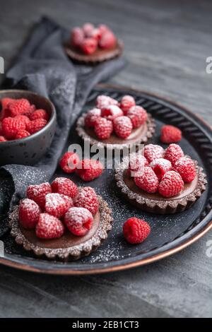 Cocoa crust tartlets filled with dark chocolate mousse made from whipped cream and raspberry puree, topped with fresh berries, sprinkled with powdered Stock Photo