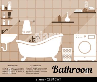 Flat bathroom interior decorating infographic template with an old-fashioned freestanding bathtub, washing machine, hand basin and shelves of toiletri Stock Vector