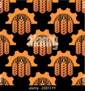 Seamless pattern of ears of wheat and gears conceptual of agriculture and industry, in orange on brown in square format Stock Vector