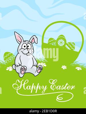 Cute little grey Easter Bunny on a Happy Easter greeting card with a basket of easter eggs on a green meadow under a blue sky Stock Vector