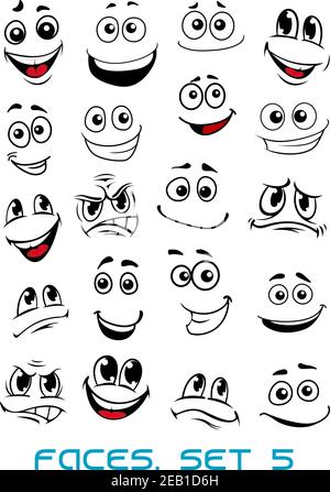 Cartoon faces with different expressions, mostly happy and smiling, featuring the eyes and mouth, design elements on white Stock Vector