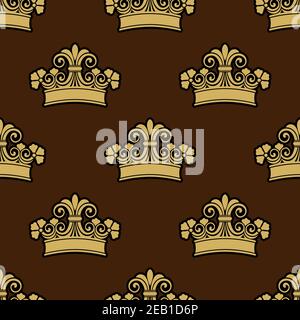 Seamless background pattern of a heraldic crowns depicting royalty on a brown background, square format with a repeat motif Stock Vector
