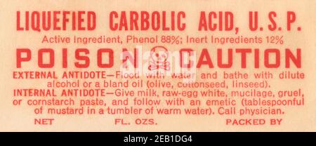 Liquefied Carbolic Acid U.S.P. - Poison Caution 1920 Stock Photo