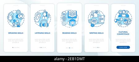 Language learning competencies onboarding mobile app page screen with concepts Stock Vector