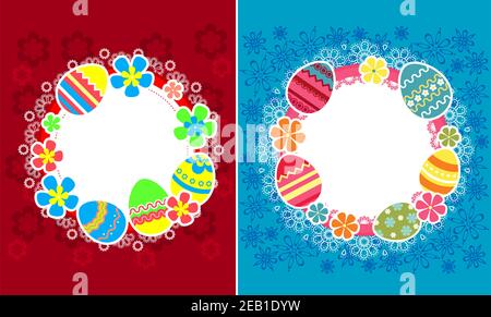 Decorative easter frames with eggs and flowers on colorful background Stock Vector