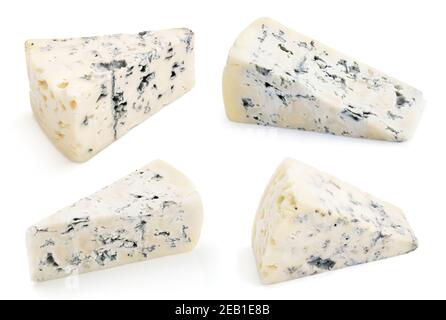 Set of wedges of soft blue cheeses with mold isolated on white background. Blue cheese slices with clipping path Stock Photo