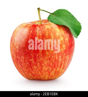 Single ripe red yellow apple with green leaf isolated on white background with clipping path Stock Photo