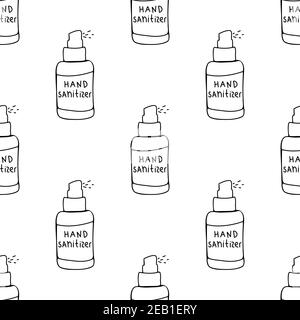 Seamless pattern made from hand drawn sanitizer bottle illustration. Isolated on a white background. Stock Vector