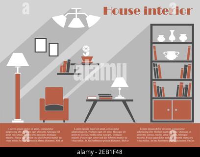 House interior design infographic template in grey and brown with a simple armchair, bookcase, standing lamp and table with lamp and books below wall Stock Vector