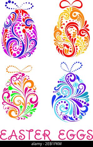 Floral decorative patterned Easter Eggs composed of colorful swirling patterns topped with bows with text below Stock Vector