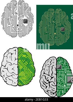 Human brain with computer motherboard, processor and other components for technology design Stock Vector