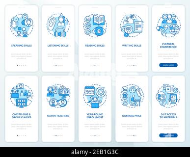 Language learning onboarding mobile app page screen with concepts set Stock Vector