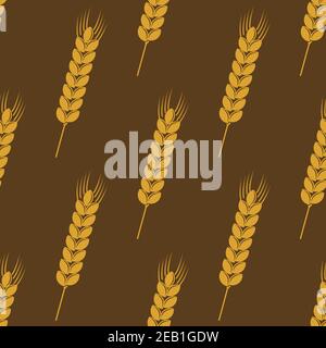 Seamless background pattern of ripe golden ears of wheat or barley on a brown background in square format Stock Vector