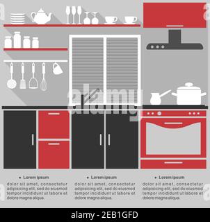 Flat infographic template for a kitchen interior design with a stylish red, grey and black kitchen with fitted cabinets and appliances Stock Vector