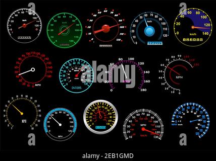 Various glowing speedometers set on black background for racing, transportation or speed concept design Stock Vector