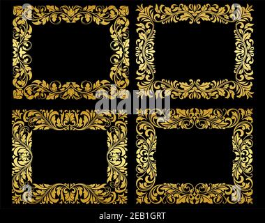 Ornate gold floral and foliate frames in elegant flowing patterns, design elements on black Stock Vector