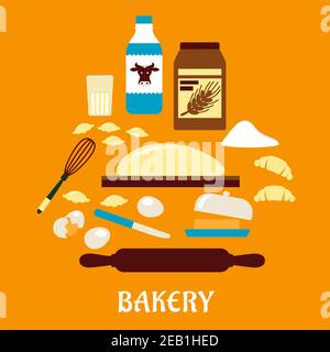 Process of kneading dough in flat style with icons of dough, milk, butter, eggs, flour and kitchen utensils Stock Vector