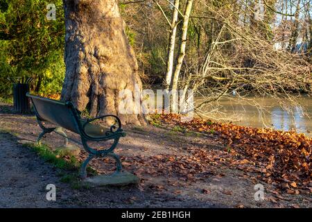 A bench near a brown water river. Taken in winter in Brunoy near Paris, France Stock Photo