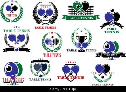 Table tennis sporting icons and labels set with rackets, balls and net Stock Vector