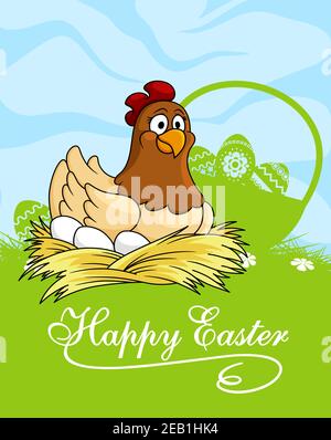 Happy Easter card design with a hen sitting on a nest in a green field with a basket of Easter eggs Stock Vector