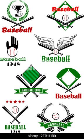Baseball game sporting emblems or symbols with various text, crossed bats, wings, wreaths, trophy, pitch, glove and ball with banners Stock Vector