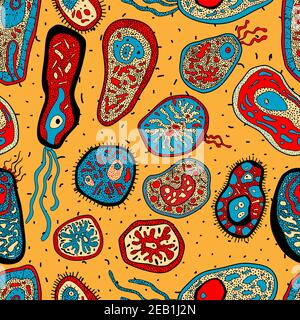 Amebas, bacteria or microbial lifeforms seamless pattern for science or medicine design Stock Vector