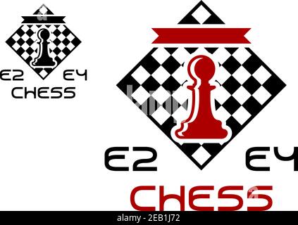 Red pawn on chess board with E2 and E4 signs for chess tournament design Stock Vector