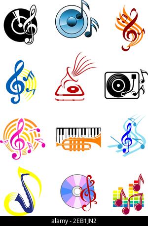 Colorful musical icons with music notes, speakers, gramophone records, saxophone, keyboard, trumpet and clefs with staves on white Stock Vector