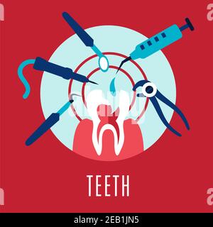 Teeth and dentistry concept with a cartoon tooth being targeted by dental tools, drill, mirror, an injection and pliers on pink with text Stock Vector