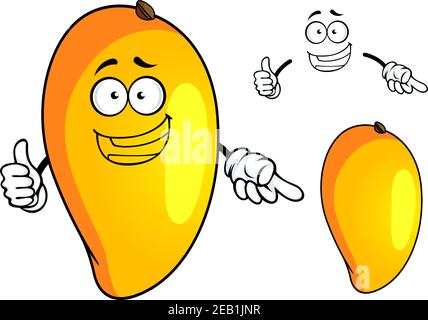Sunny yellow cartoon tropical mango fruit character with happy smiling face for food or juice pack design Stock Vector