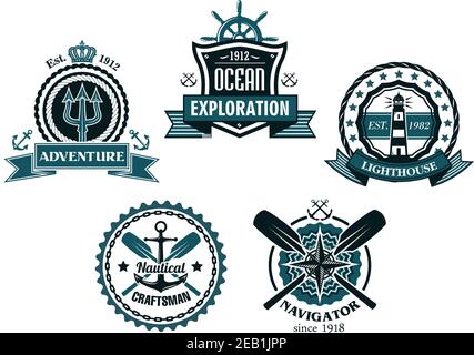 Nautical and marine emblems or icons with anchors, helms, lighthousesoars, trident and round ropes Stock Vector