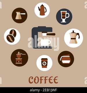 Flat icons with grinder, pot, sugar, beans, cups and coffee maker around coffee machine Stock Vector