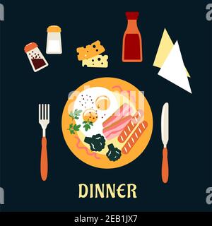 Overhead view of a tasty cooked dinner on a plate with eggs, bacon, sausage and broccoli with cutlery, condiments, sauces and napkins Stock Vector